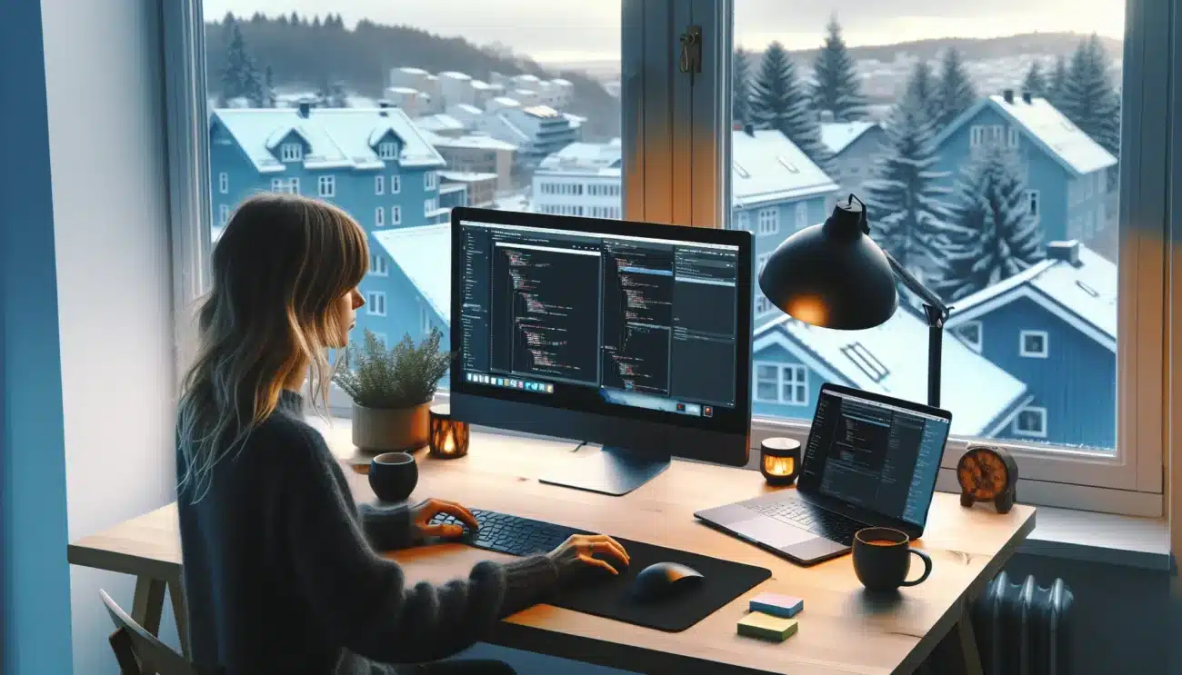 Developer debugging wordpress on dual monitors in a norwegian office