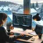 Developer debugging wordpress on dual monitors in a norwegian office