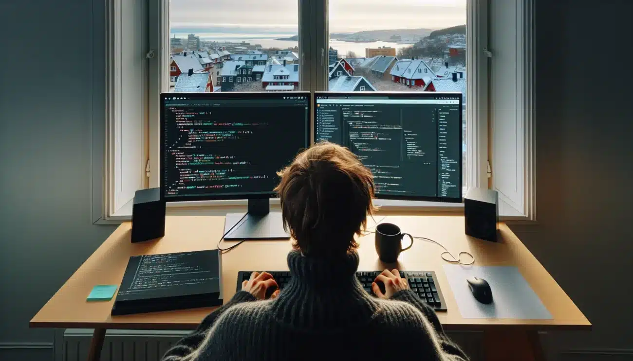 Norwegian developer coding a custom wordpress form plugin in winter light