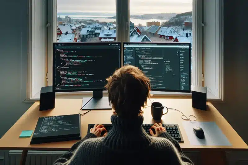 Norwegian developer coding a custom wordpress form plugin in winter light