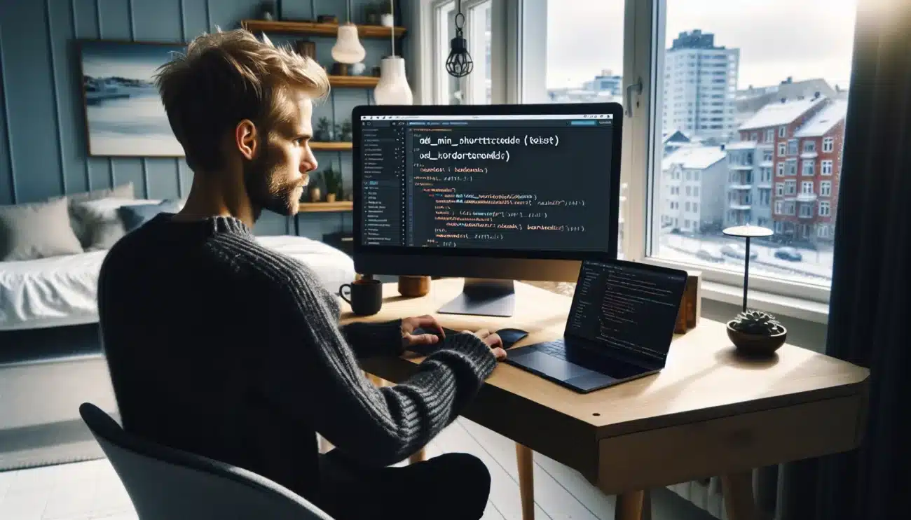 Norwegian developer creating a wordpress shortcode in code editor and block editor